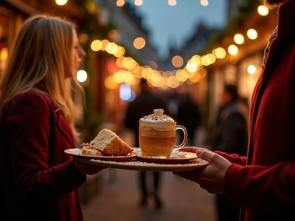 Familia española disfrutando de un mercado navideño en Reino Unido bajo luces festivas por la noche