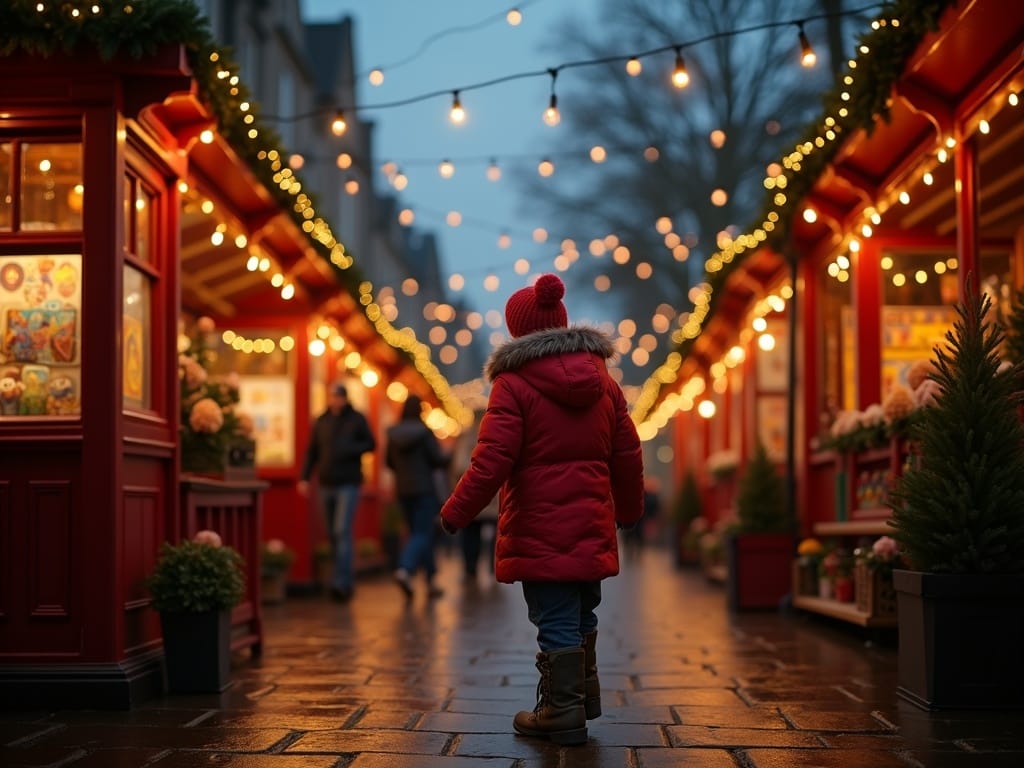 Familia visitando un mercado navideño en Londres con luces y decoraciones