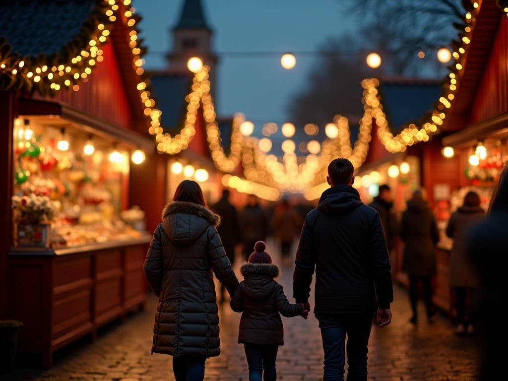 Familia española disfrutando de un mercado navideño en Londres iluminado por luces festivas