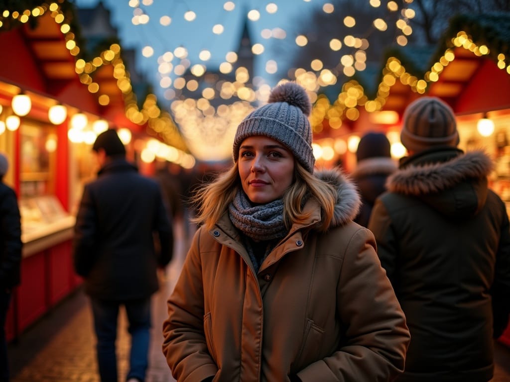 Familia española visitando un mercado navideño en Londres con luces festivas por la noche