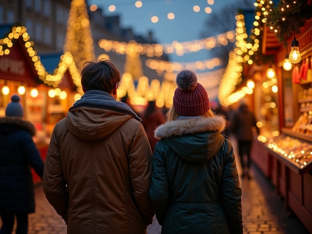 Familia española en mercado navideño londinense con luces al atardecer
