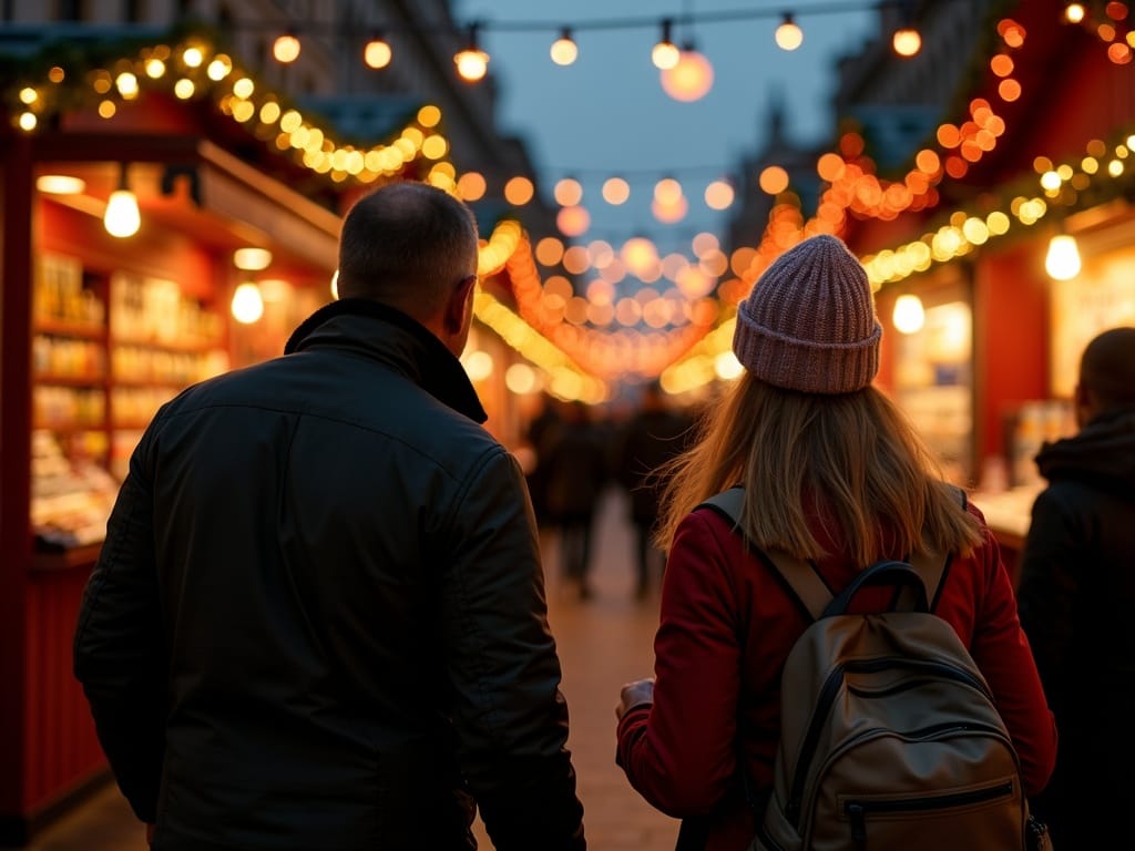 Familia española en mercado navideño del Reino Unido con luces y ambiente festivo