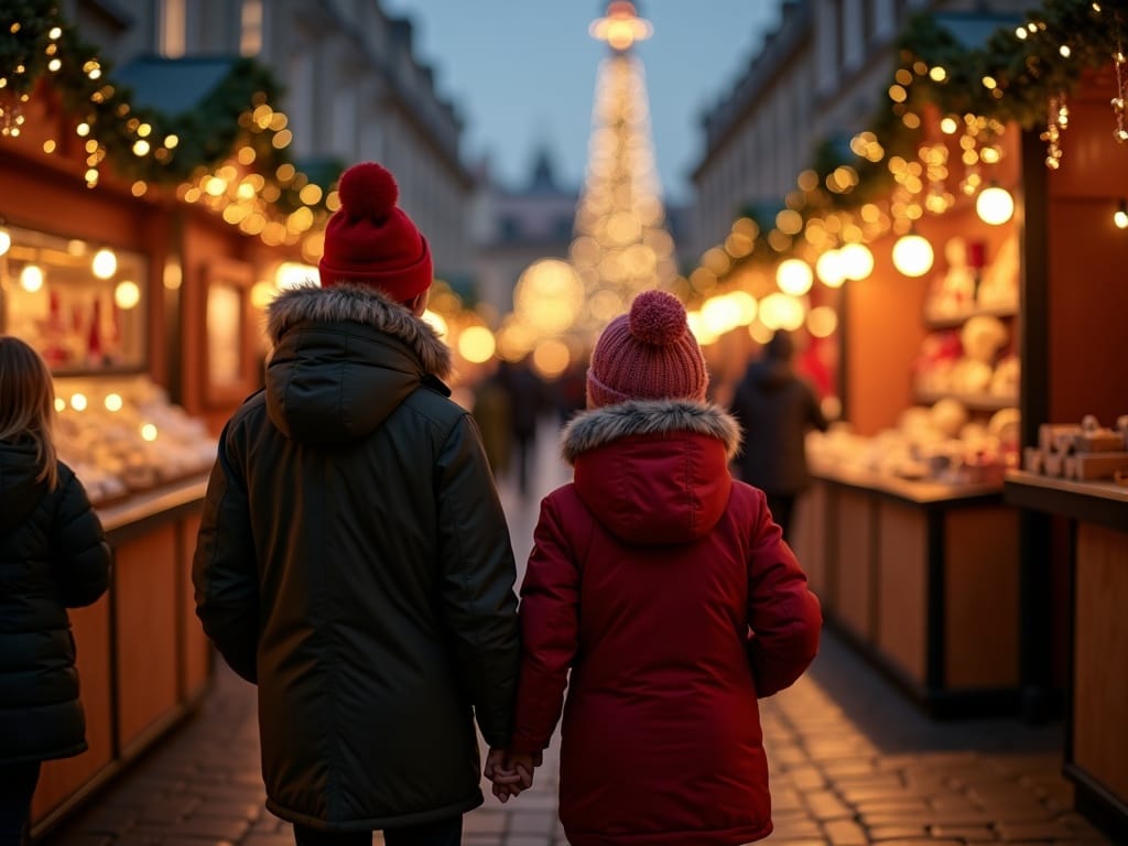 Familia disfrutando de un mercado navideño al aire libre con luces festivas en Reino Unido