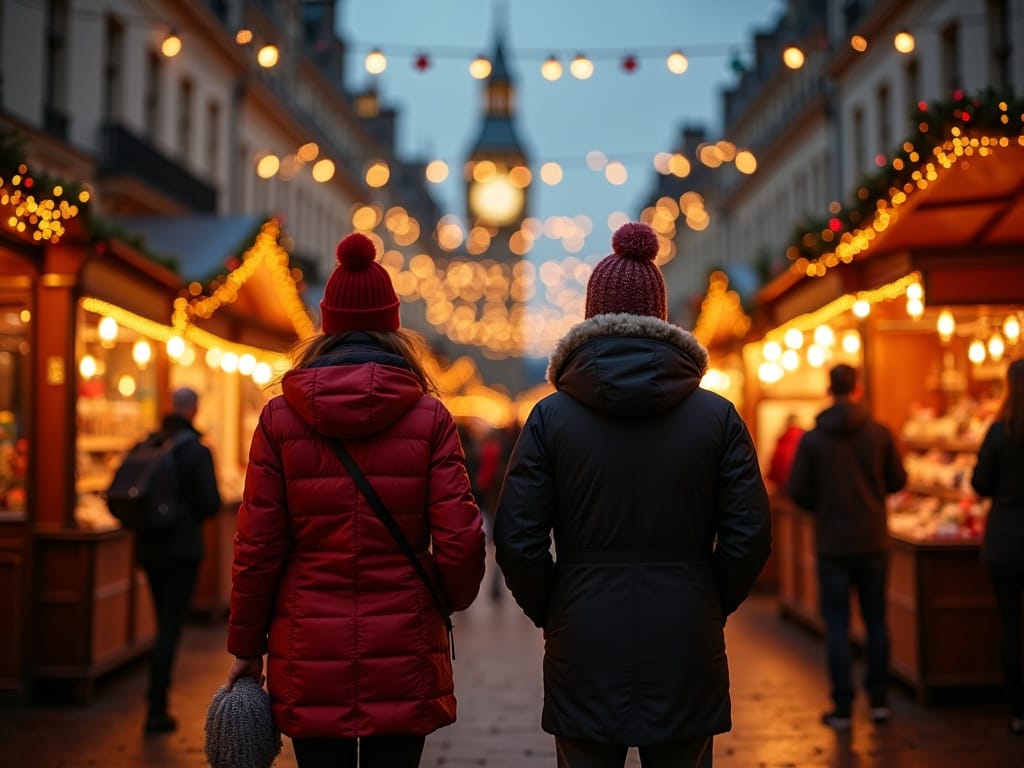 Familia española disfrutando de un mercadillo navideño en Londres con luces festivas por la noche