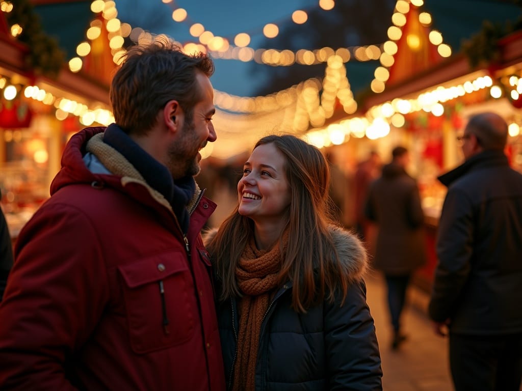 Familia española visitando un mercado navideño en Reino Unido al atardecer con luces festivas