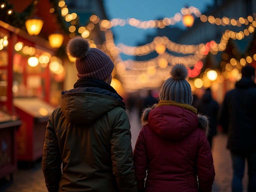 Familia española visitando mercado navideño en Reino Unido con luces festivas por la noche