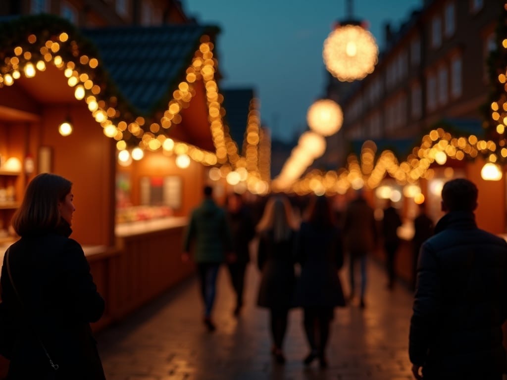 Familia disfrutando de un mercado navideño al aire libre en Reino Unido con luces festivas por la noche