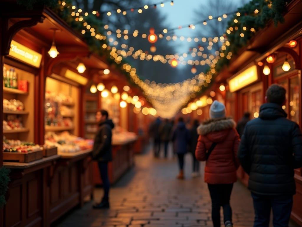 Familia disfrutando un mercado navideño en el Reino Unido con luces festivas y decoración roja, verde y dorada