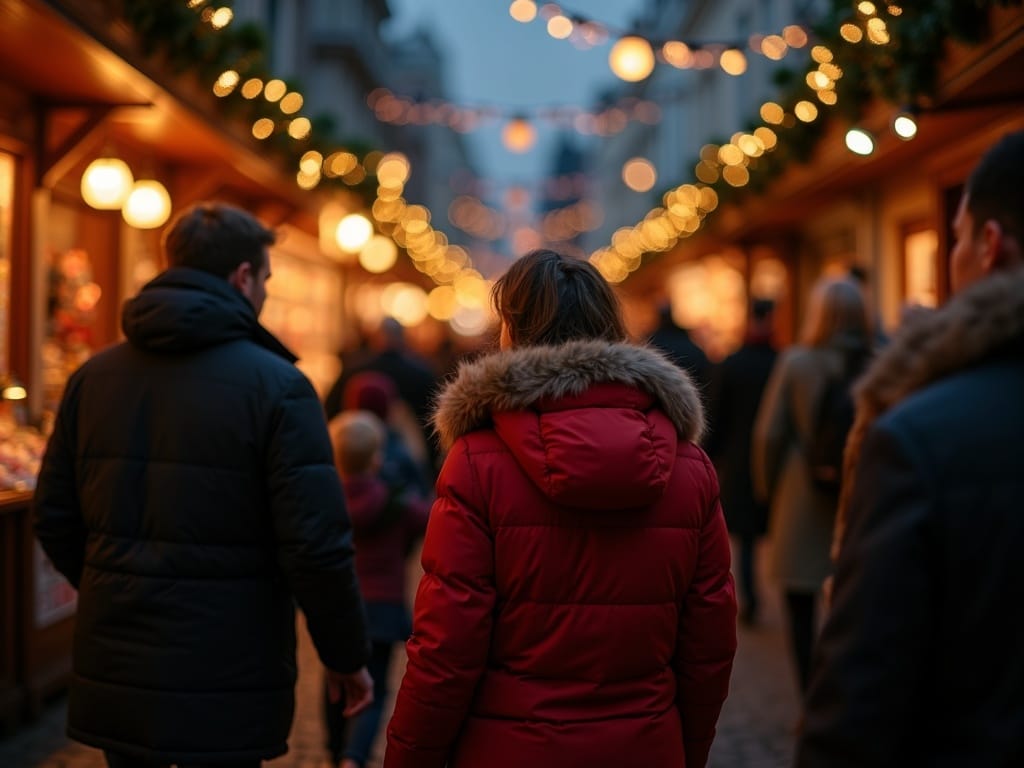 Familia española disfruta de un mercado navideño británico con luces festivas al anochecer
