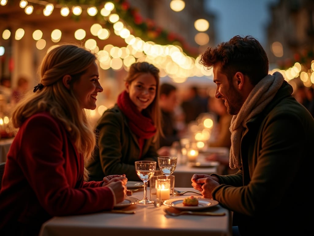 Familia disfrutando de un mercado navideño en UK con luces festivas