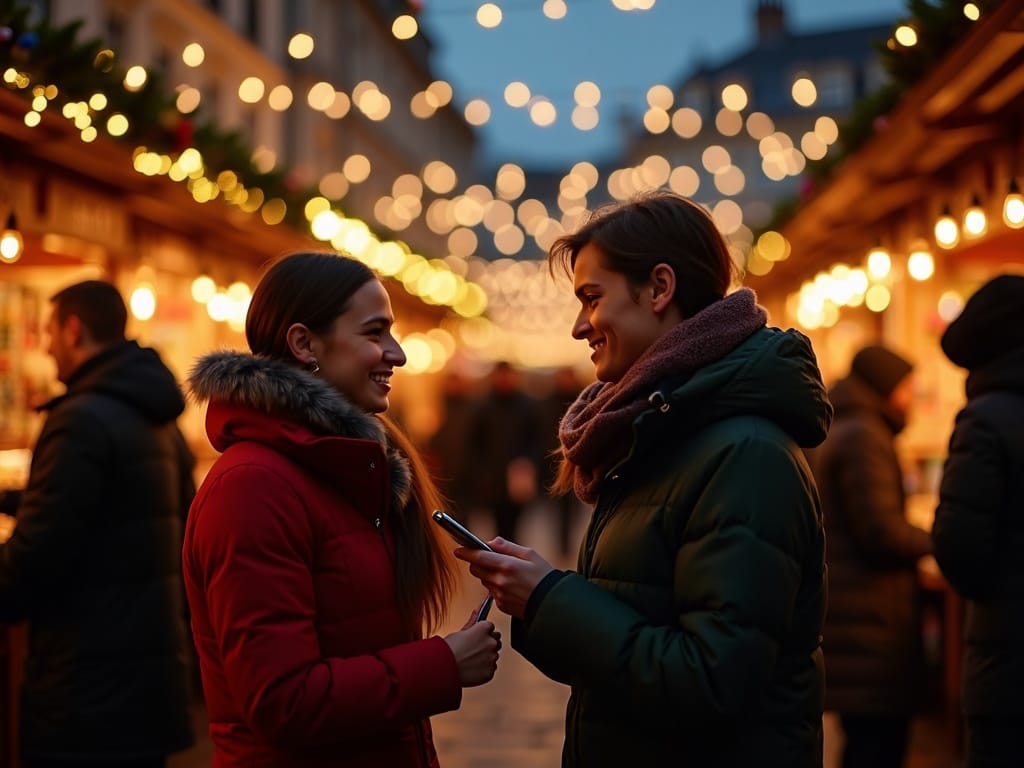 Familia española disfrutando del mercado navideño en Reino Unido con luces festivas al anochecer