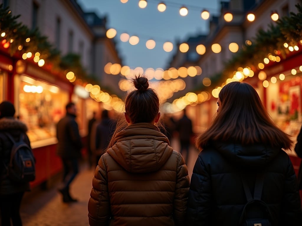 Familia española disfrutando en un mercado de Navidad en Londres con luces festivas al atardecer