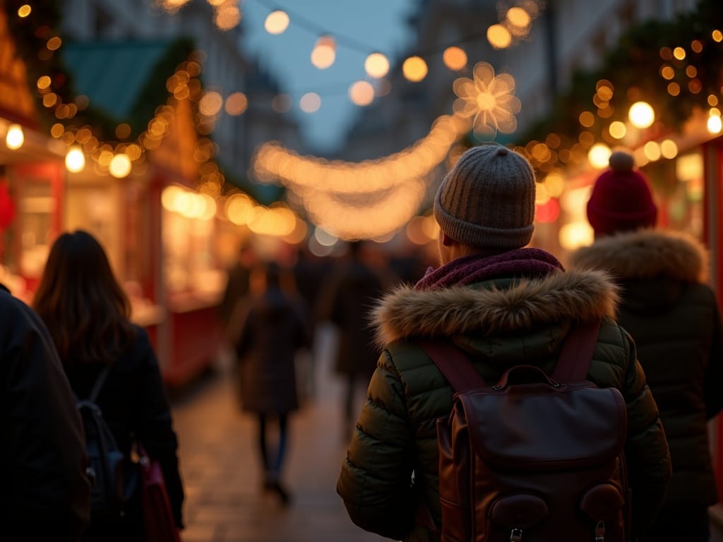 Familia española disfruta de un mercadillo navideño en Londres con luces festivas y ambiente tradicional