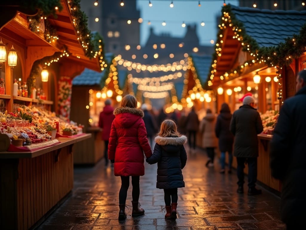 Familia visitando un mercado navideño al aire libre en Edimburgo por la noche con luces festivas