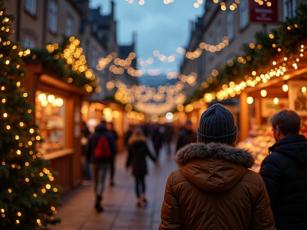 Familia disfruta de un mercado navideño en Edimburgo con luces festivas por la tarde