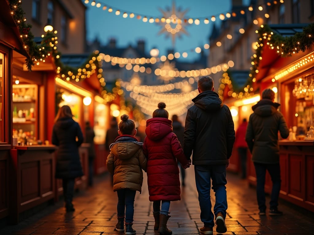Familia disfrutando de un mercado navideño en Edimburgo al atardecer con luces festivas