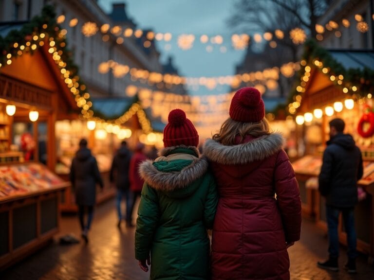 Familia visitando un mercado navideño al aire libre con luces festivas en Reino Unido