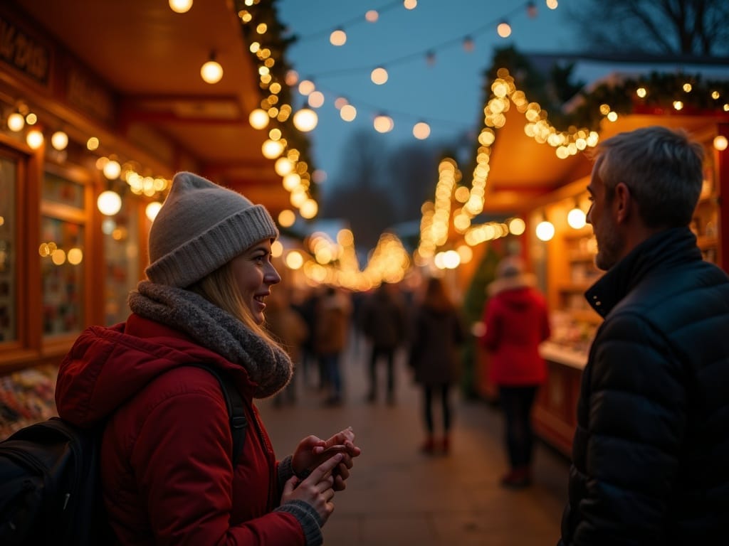 Familia en mercado navideño británico, luces festivas rojas, verdes y doradas, ambiente nocturno