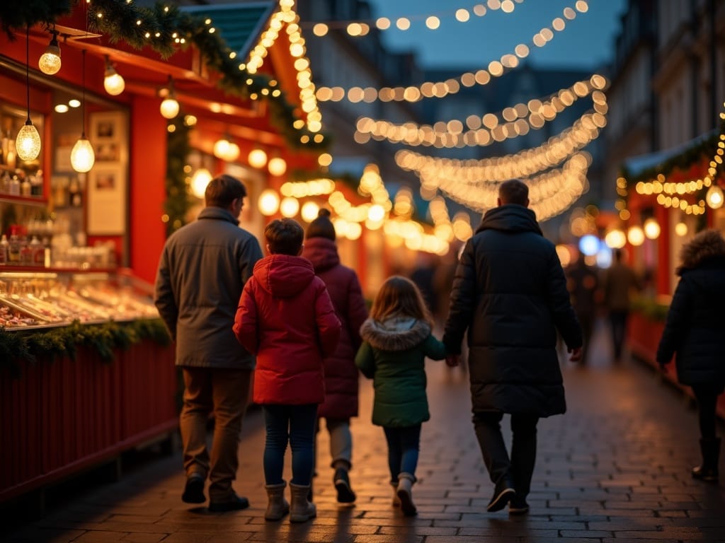 Familia camina por un mercado navideño en Reino Unido con luces festivas y puestos al aire libre por la tarde