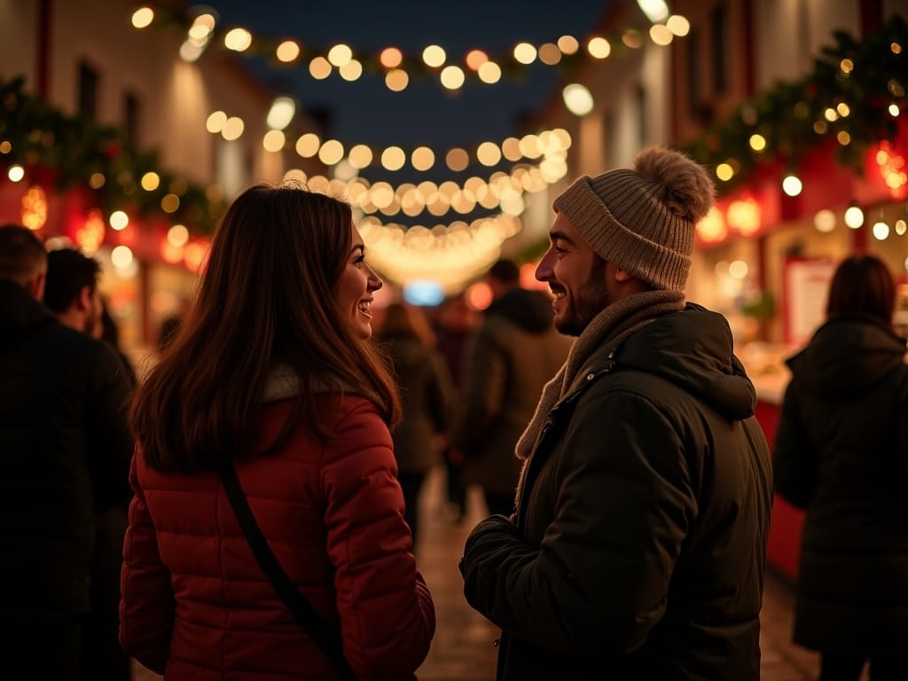 Familia española en mercado navideño del Reino Unido con luces festivas