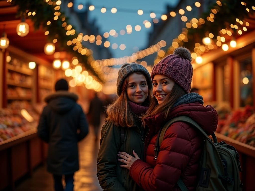Familia española en mercado navideño del Reino Unido con luces festivas nocturnas