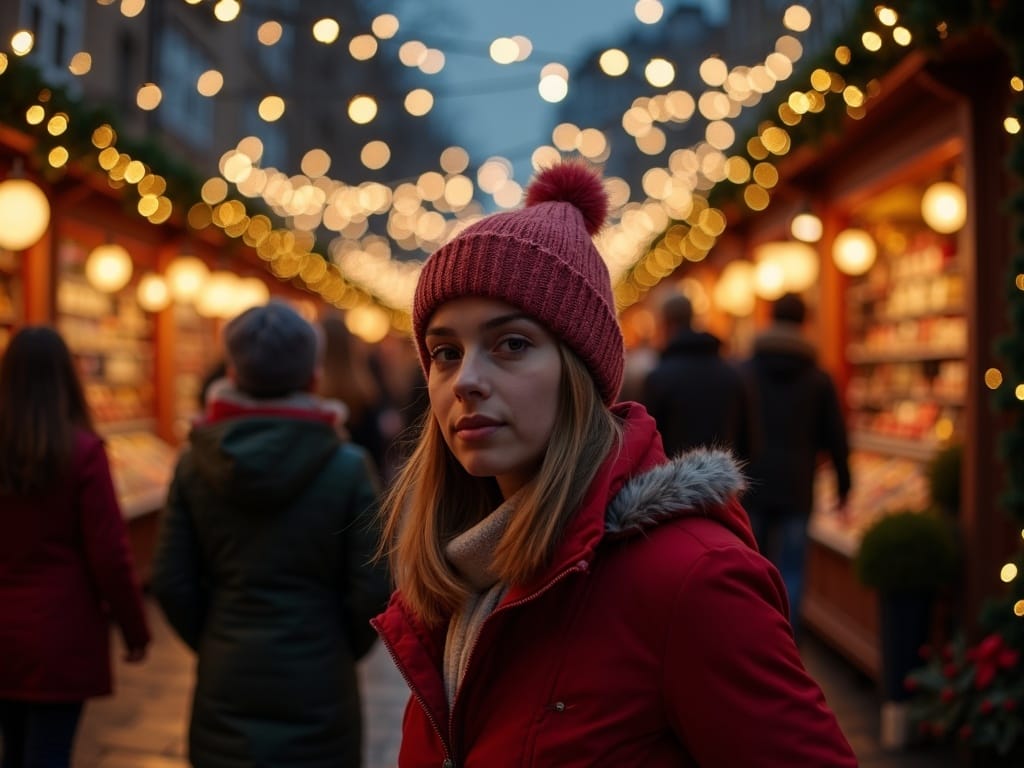 Familia española disfrutando de un mercado navideño en el Reino Unido al anochecer con luces festivas