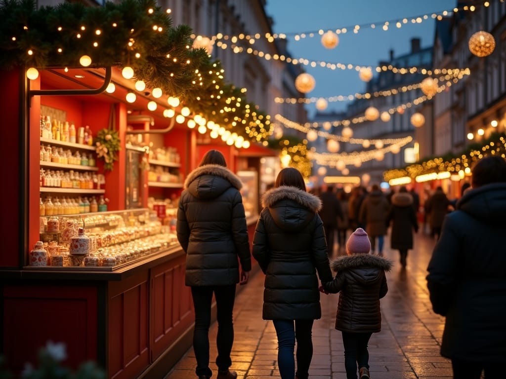 Familia española disfruta de mercadillo navideño en Reino Unido bajo luces festivas