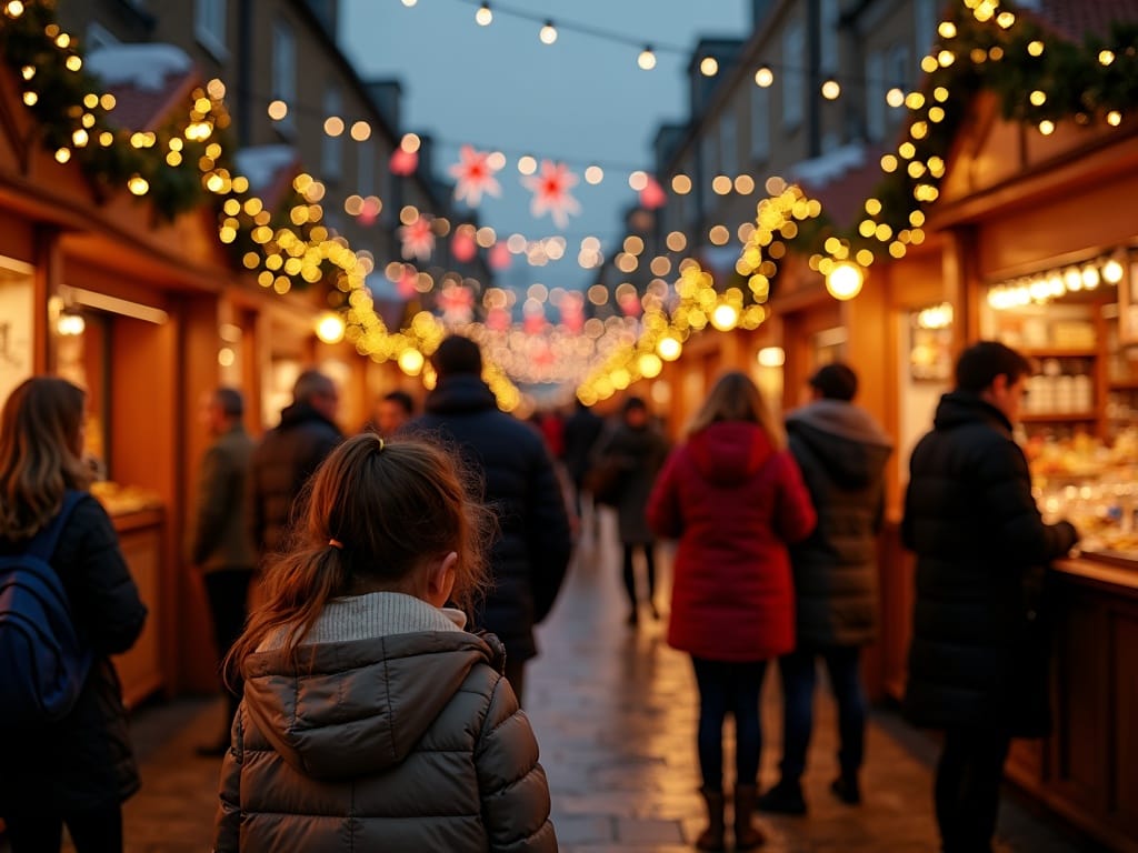 Familia española disfruta de un mercado navideño al aire libre con luces festivas en Londres