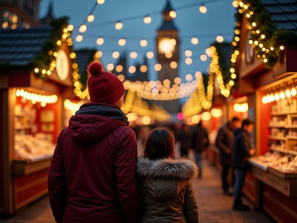 Familia española en mercado de Navidad en Londres con luces festivas