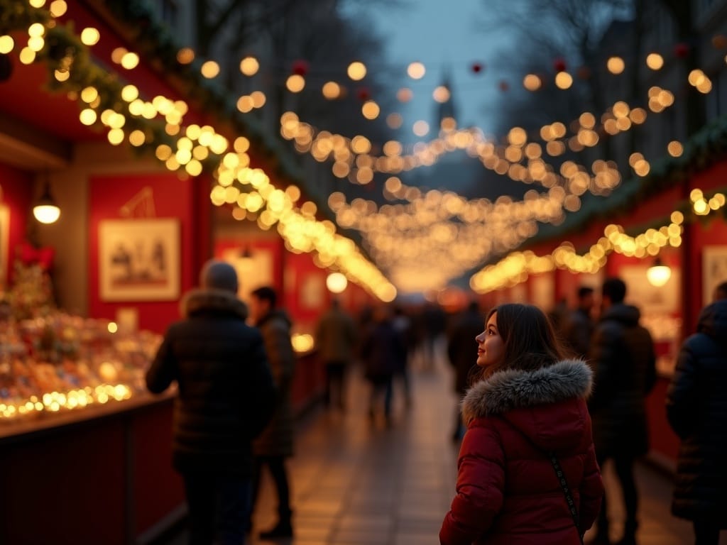 Familia española en mercado navideño de Londres bajo luces festivas