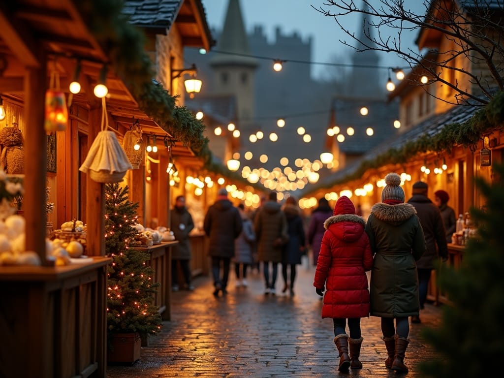 Familia española disfrutando de un mercado navideño en Reino Unido con luces festivas