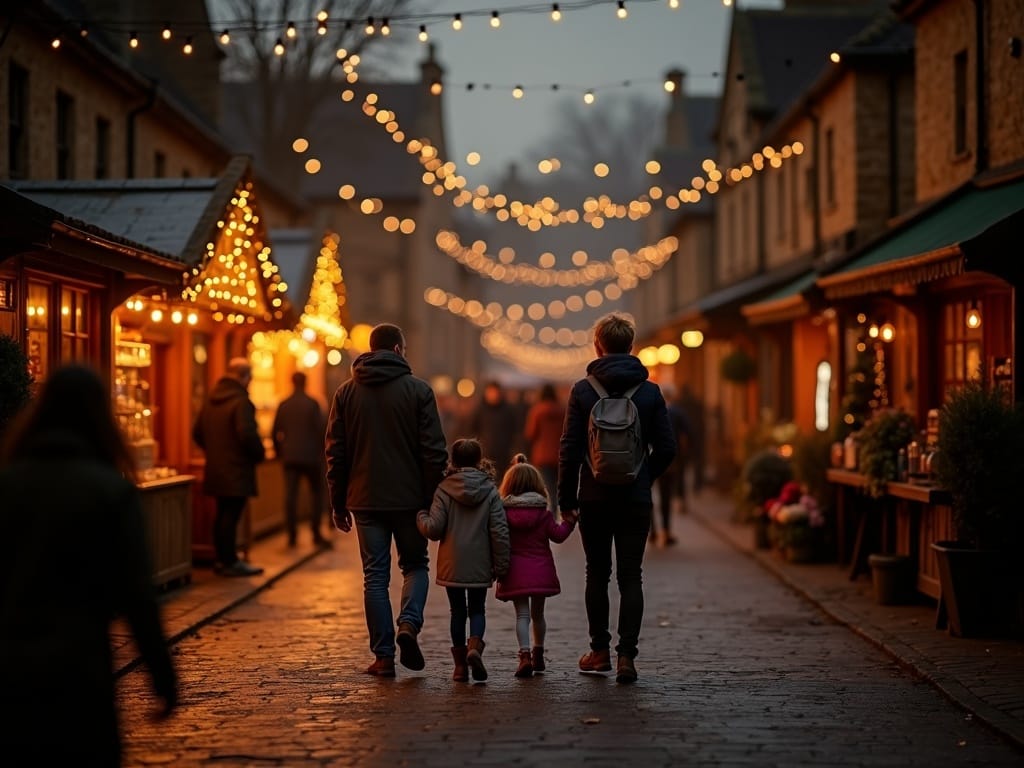 Familia española disfrutando de un mercado navideño en el Reino Unido con luces festivas