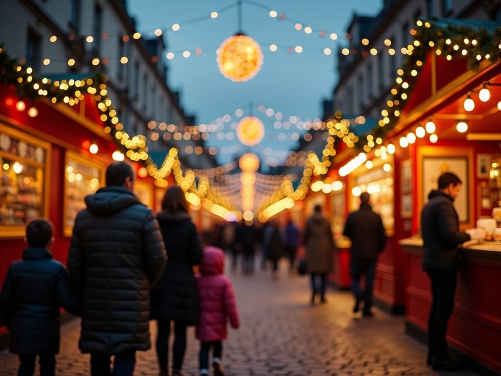Familia disfrutando de mercado navideño al aire libre en Edimburgo con luces festivas