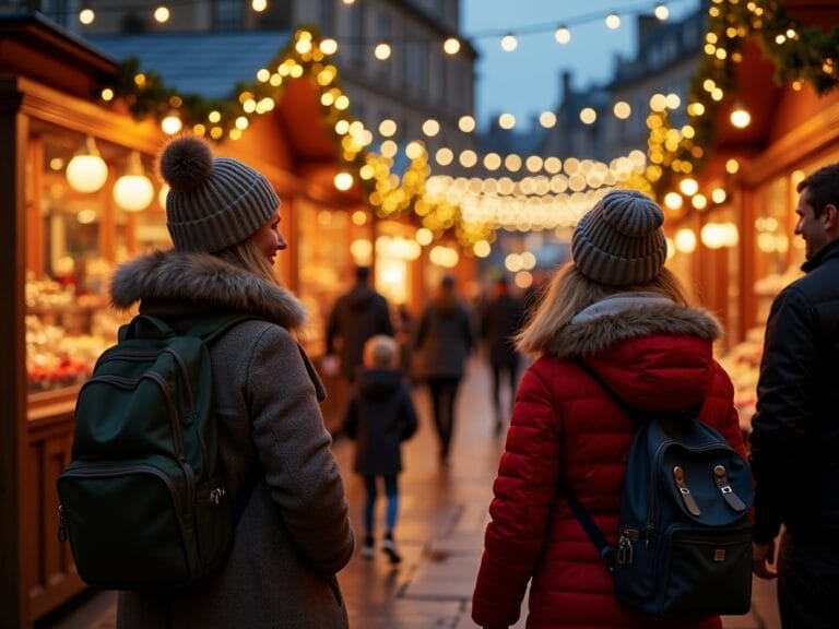 Familia visitando un mercado navideño en Edimburgo con luces festivas y decoración típica británica