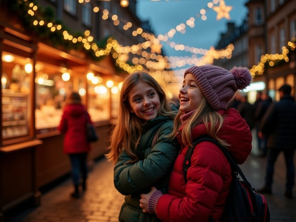 Familia paseando por mercado navideño en Edimburgo bajo luces festivas