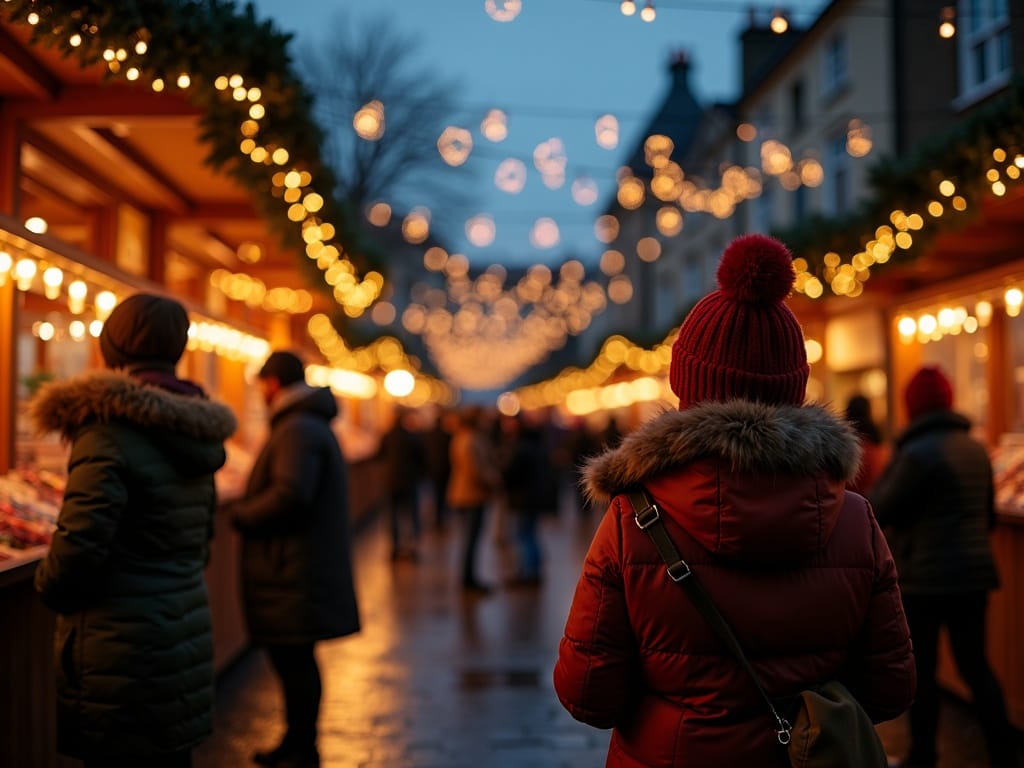 Familia disfrutando de un mercado navideño en Reino Unido con luces rojas, verdes y doradas al atardecer