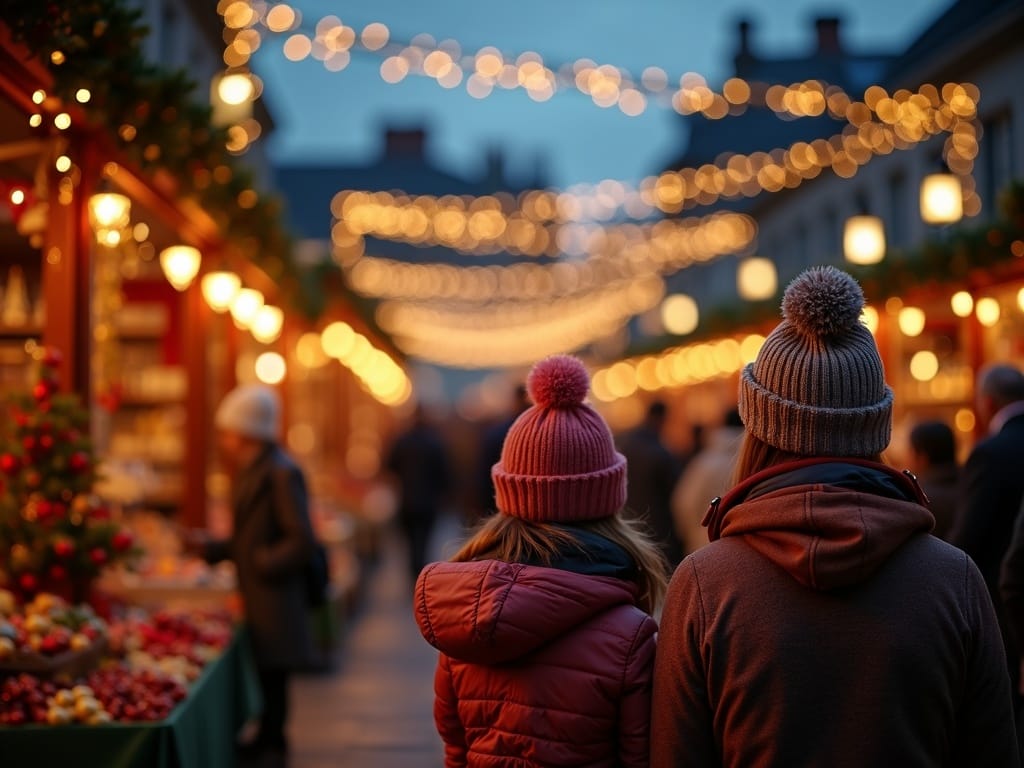 Familia en mercado navideño al aire libre en Escocia con luces festivas por la tarde