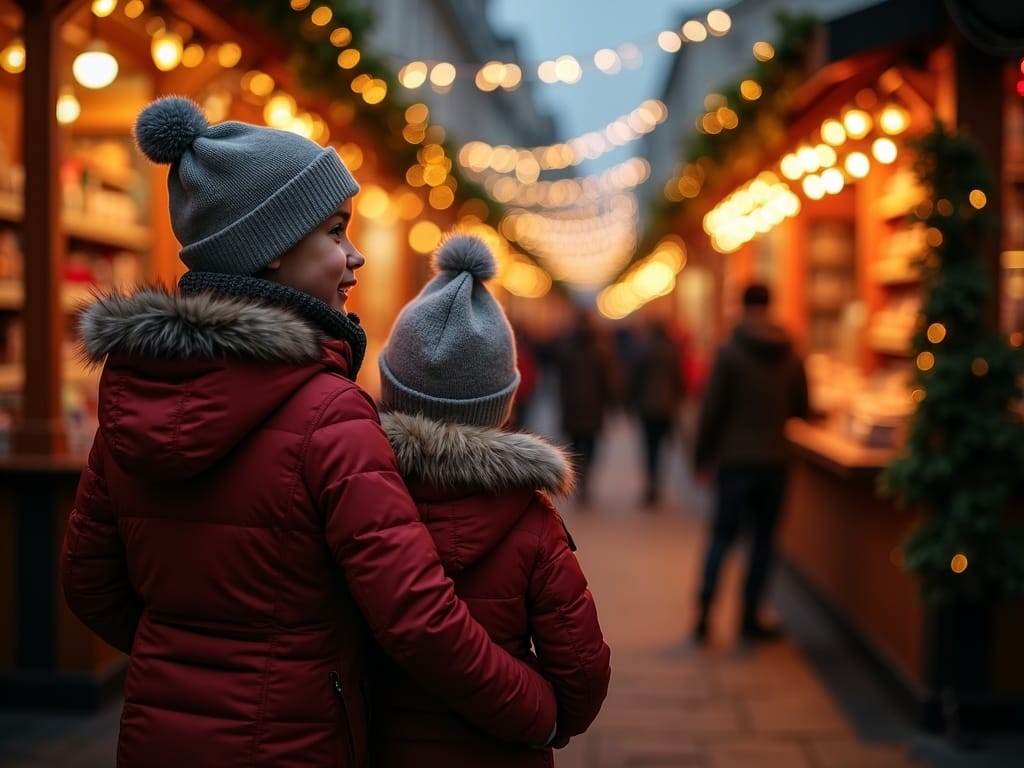 Familia española disfrutando un mercado navideño en Reino Unido con luces festivas por la tarde