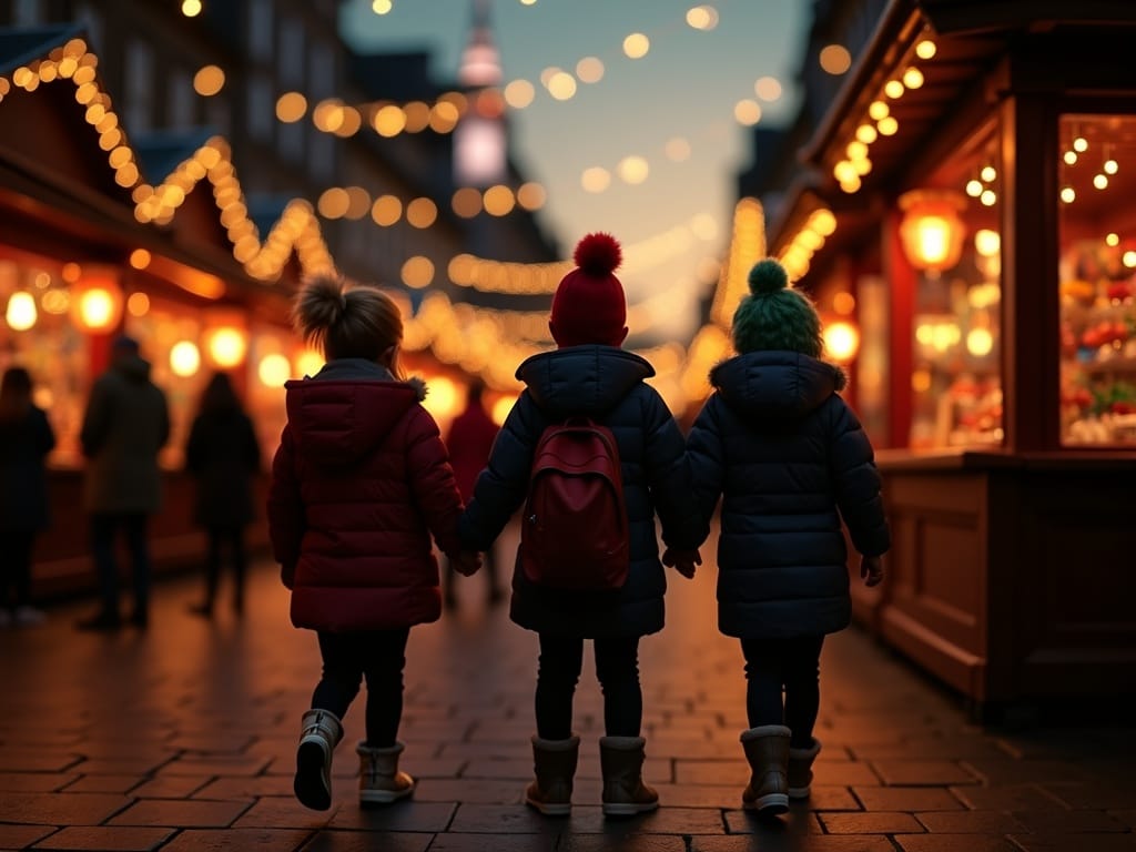 Familia española en mercado navideño del Reino Unido bajo luces festivas rojas, verdes y doradas por la tarde