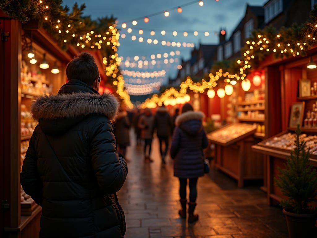 Familia española disfrutando en mercado navideño del Reino Unido con luces festivas por la noche