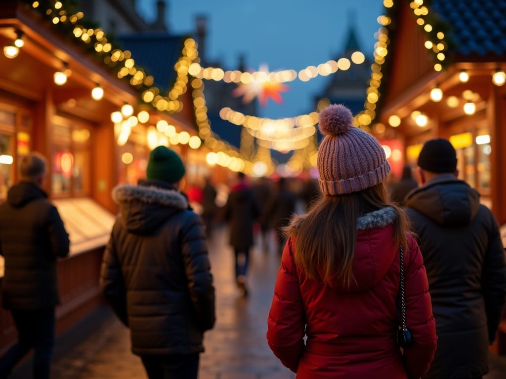 Familia española visitando un mercadillo navideño en Reino Unido con luces y decoración festiva