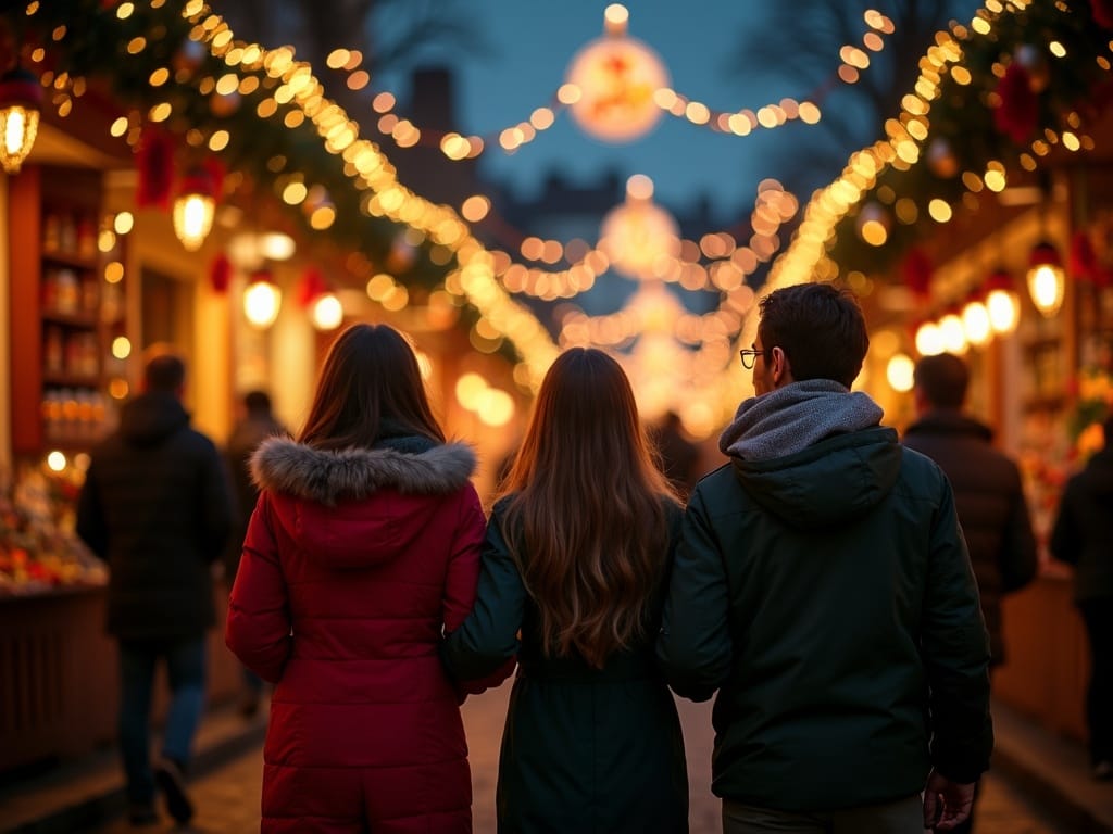 Familia española visitando mercadillo navideño en Reino Unido al anochecer, luces festivas y decoración tradicional