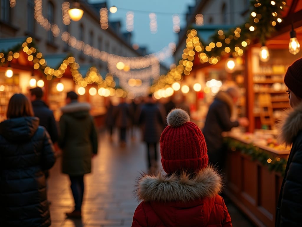 Familia española visitando mercado navideño en Reino Unido con luces festivas