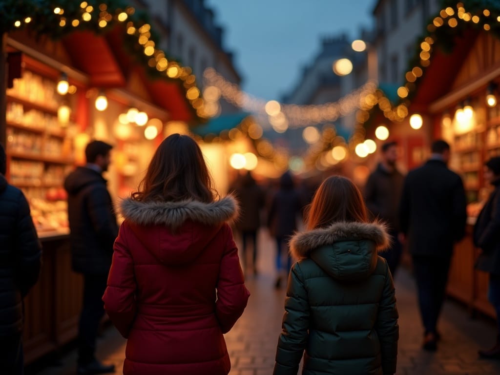Familia disfrutando de un mercado navideño en Londres con luces festivas por la noche