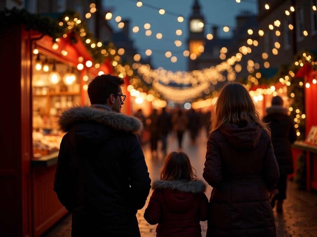 Familia disfruta de un mercado navideño en Londres con luces festivas