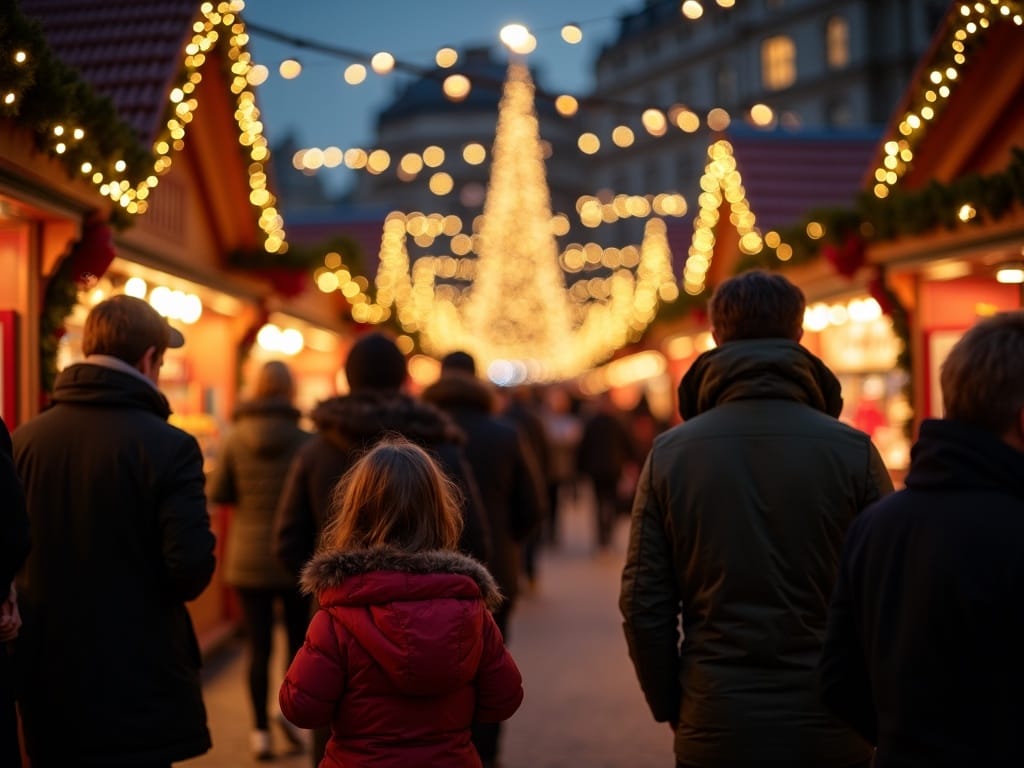 Familia disfrutando de mercado navideño británico con luces nocturnas y decoración roja, verde y dorada