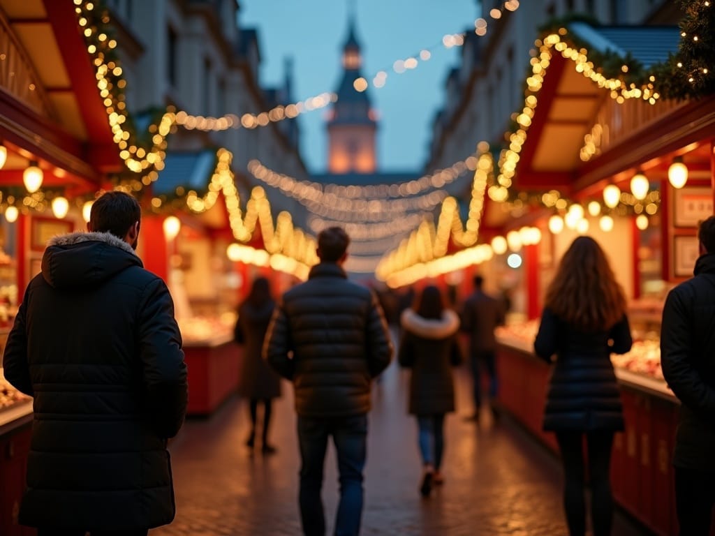 Familia española explora mercado navideño en Londres con luces festivas