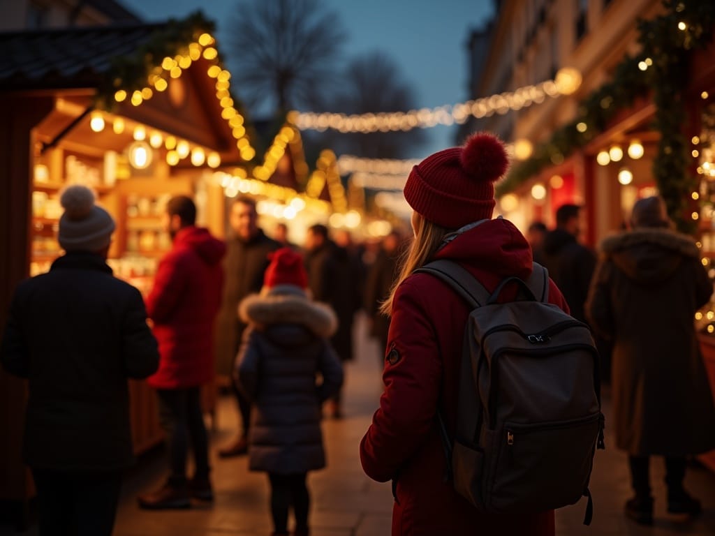Familia española paseando por mercado navideño en Reino Unido con luces festivas