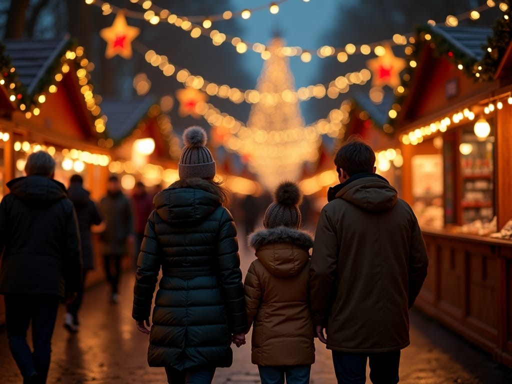 Familia española visitando un mercado navideño en Reino Unido con luces festivas por la noche