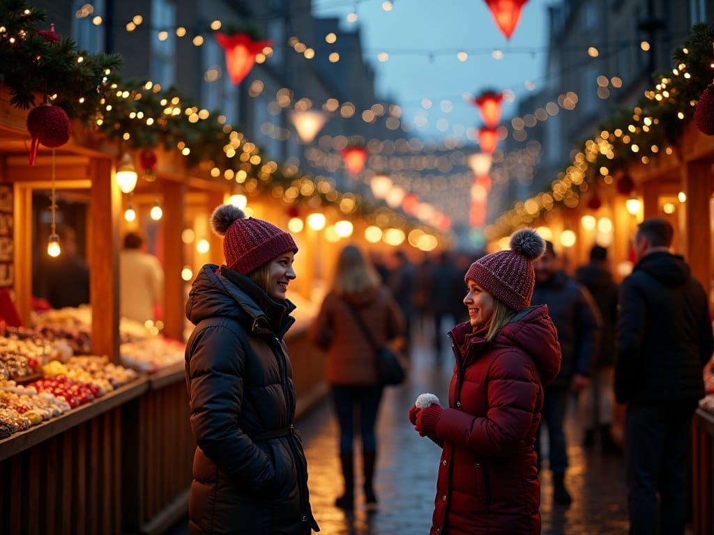 Familia española visitando un mercado de Navidad en Reino Unido rodeada de luces festivas por la tarde